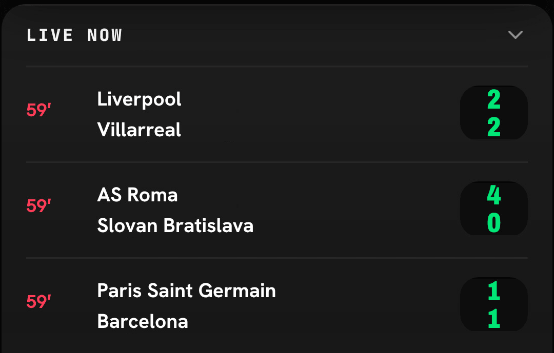 GolArena's Live Now list: three matches at 59 minutes, each with its live score.