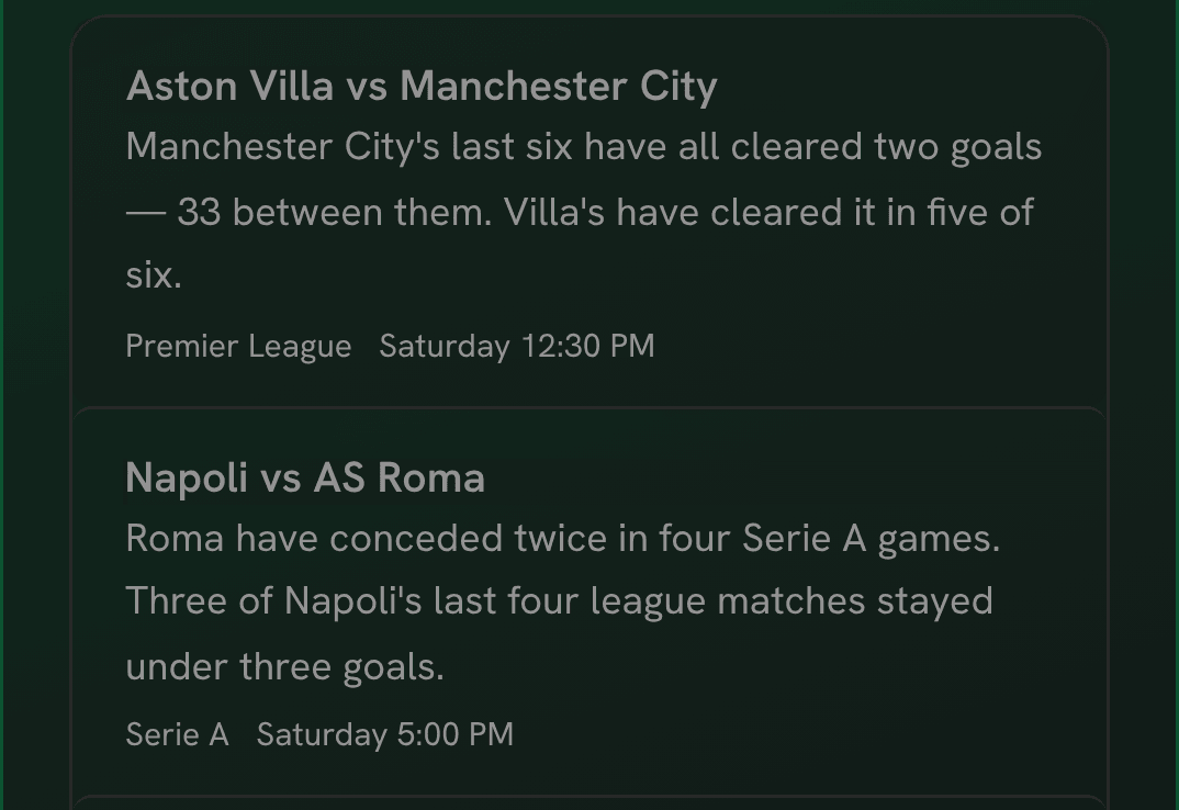 Inside a Pick Pack: the reasons behind each match, such as recent form and goal averages for Aston Villa against Manchester City.