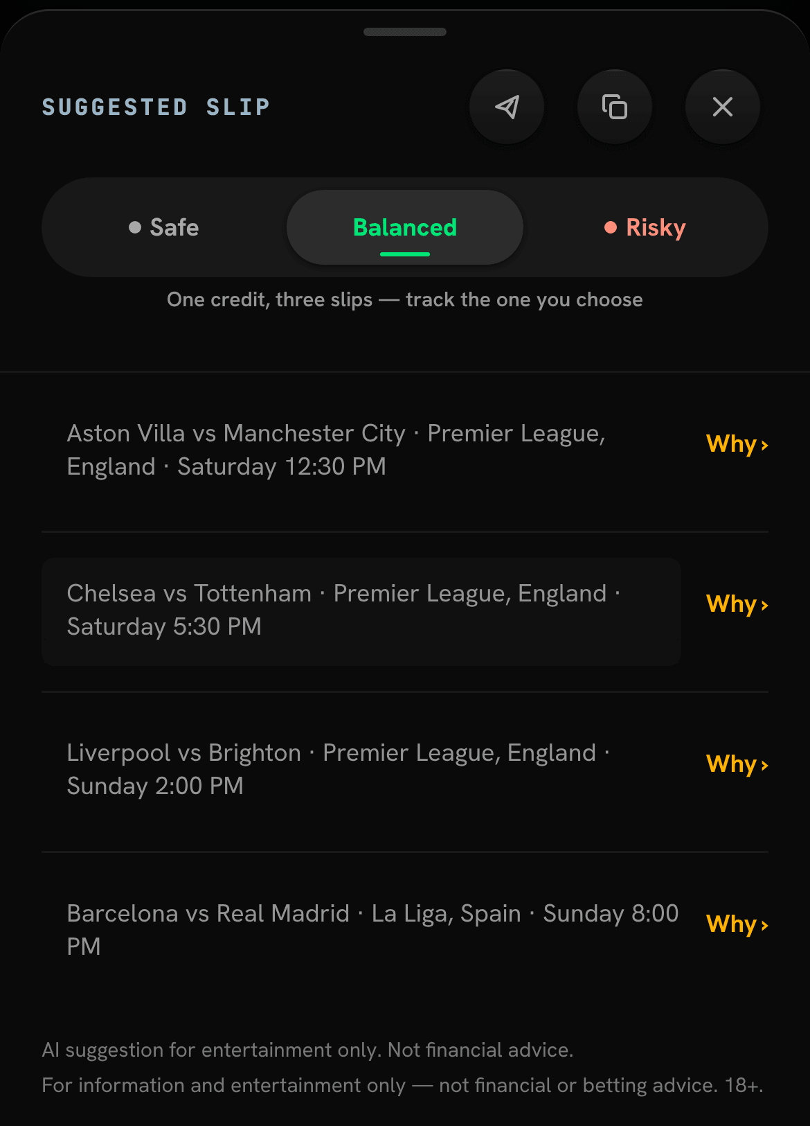 A suggested slip in GolArena with Safe, Balanced and Risky tabs, four matches, and a Why link beside each pick.