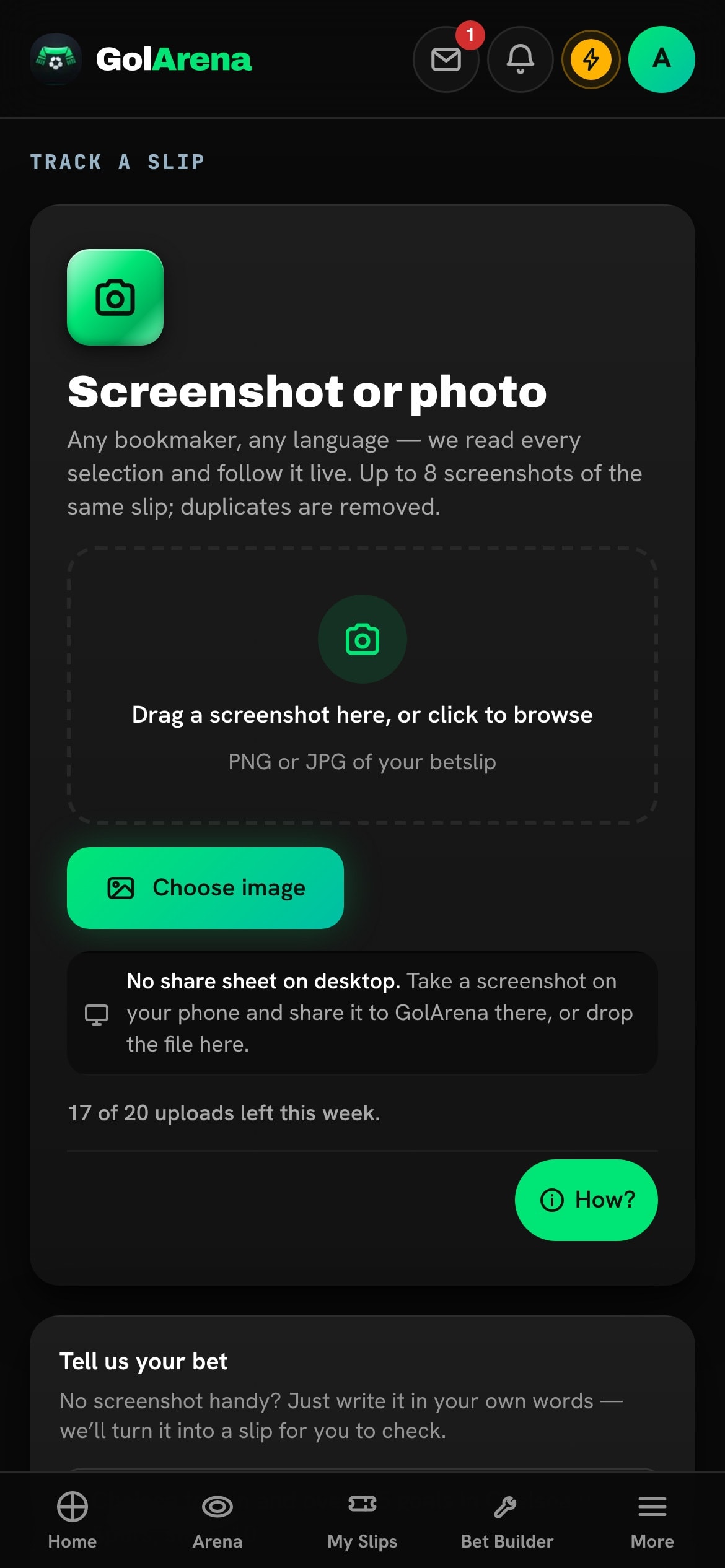 GolArena's Track a slip screen: Screenshot or photo, a place to drag a screenshot, and a Choose image button.